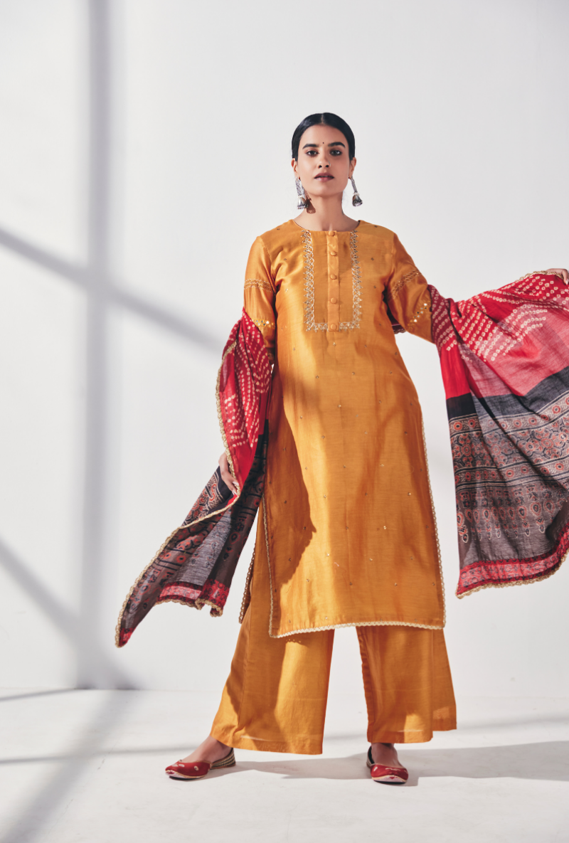 Yellow Mirror Work Fiza Kurta Set