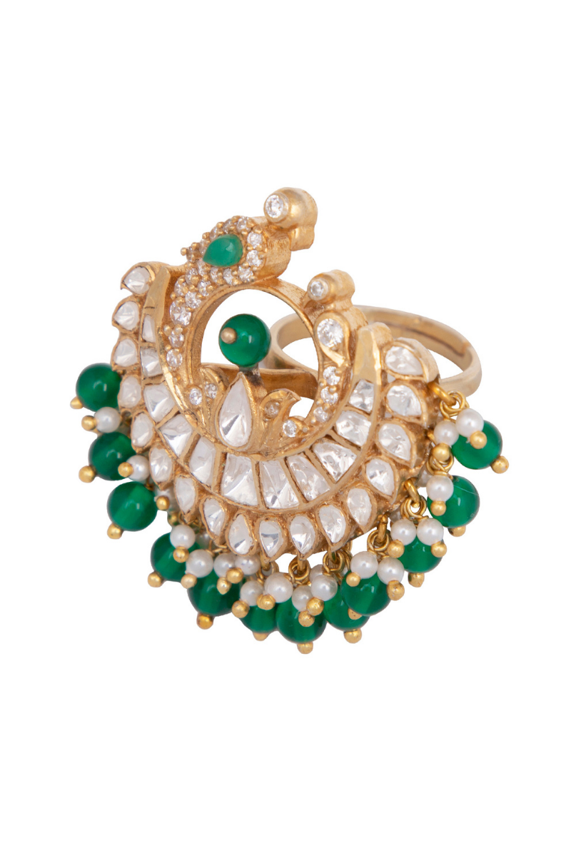 Gold Plated Silver Polki Bird Ring With Green Stones & Pearls