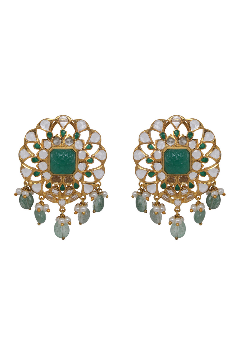 Gold Plated Silver Light Green Carved Stone With Rosecut Squarish Studs With Pearl Drops