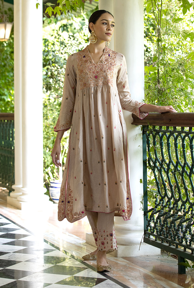 Beige Kairi Buta Front pleat Zeenat Kurta Set