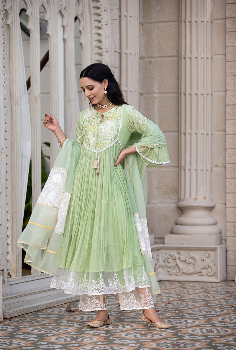 Green Thread And Pearl Yoke Kurta Set