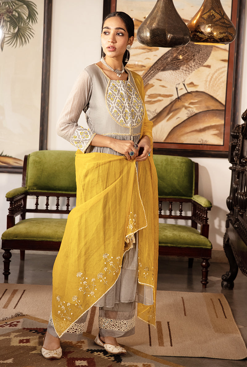 Grey And Yellow Pearl Sequin Kurta Set