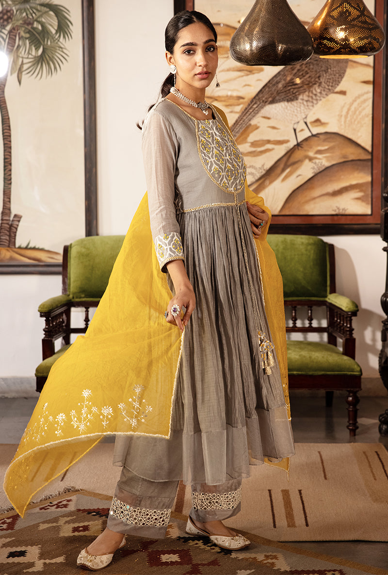 Grey And Yellow Pearl Sequin Kurta Set