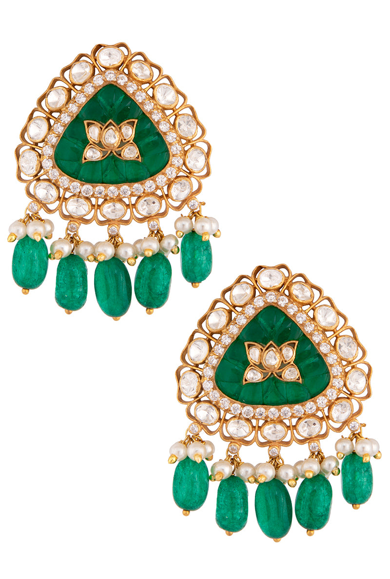 Gold Plated Silver Triangular Earrings With Polki Around it & Emerald Drops