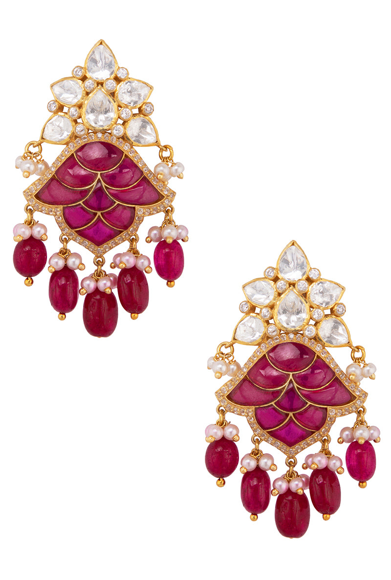Polki And Red Stone Gold Plated Silver Earrings With Pearl And Ruby Drops