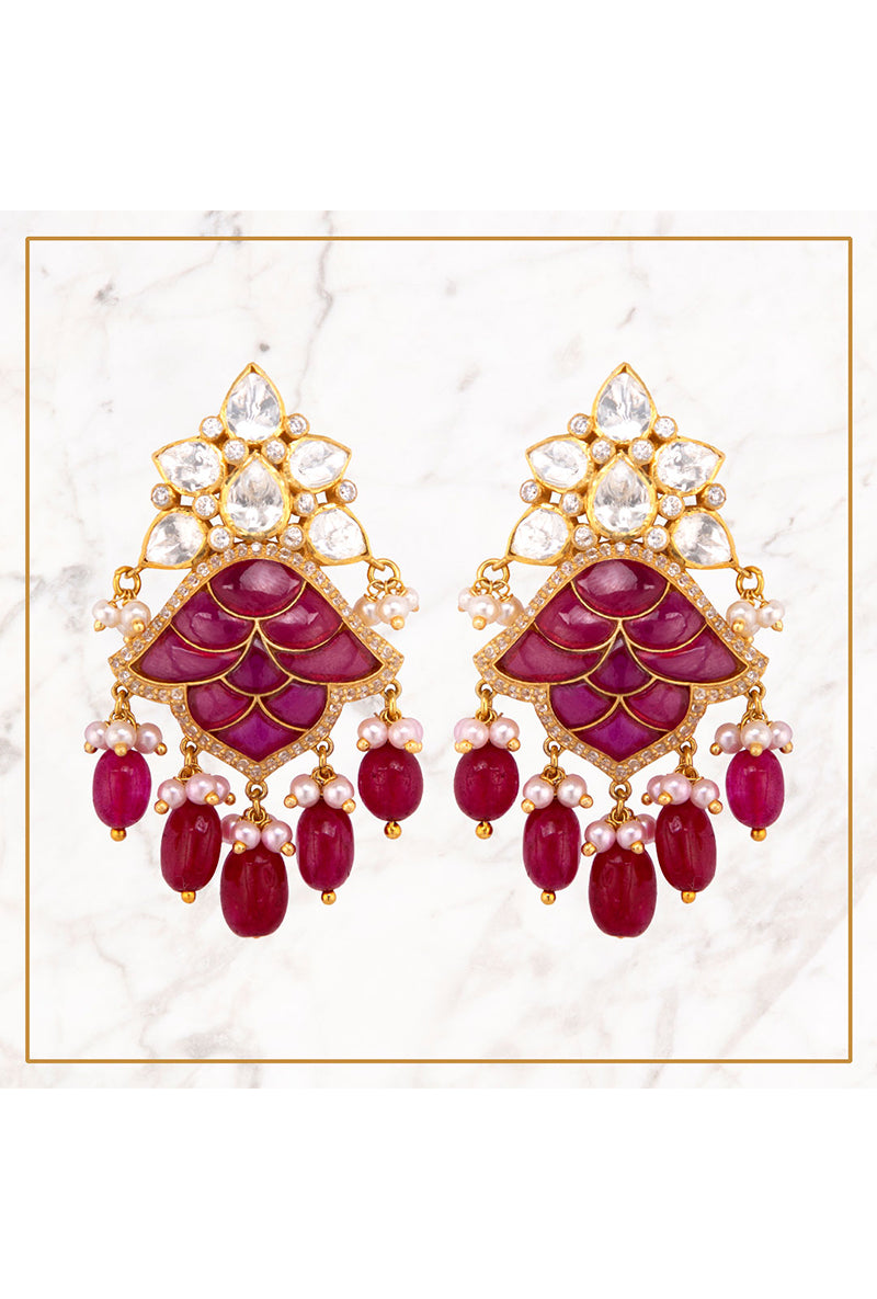 Polki And Red Stone Gold Plated Silver Earrings With Pearl And Ruby Drops