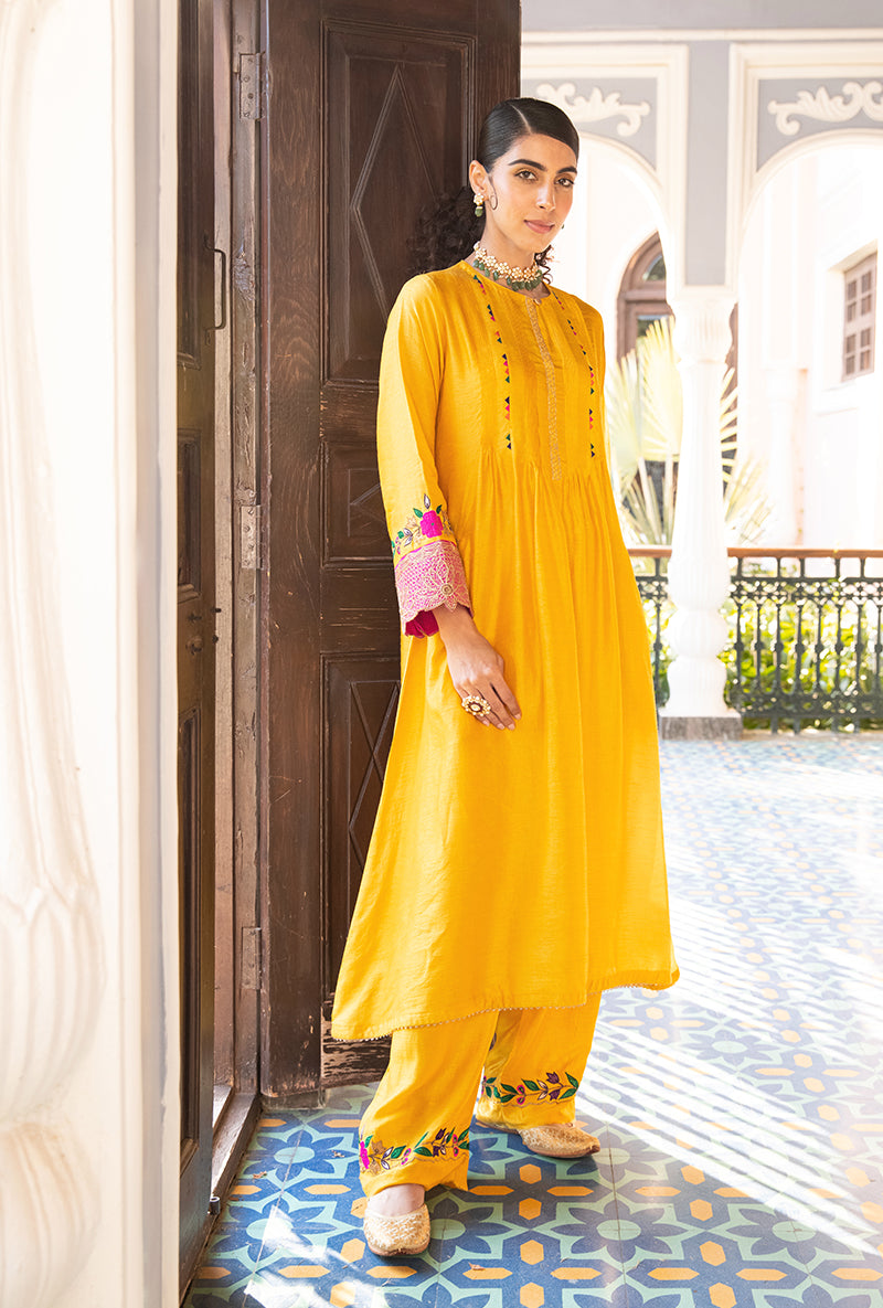 Mustard Applique Lotus Sleeves Sunehri Kurta Set