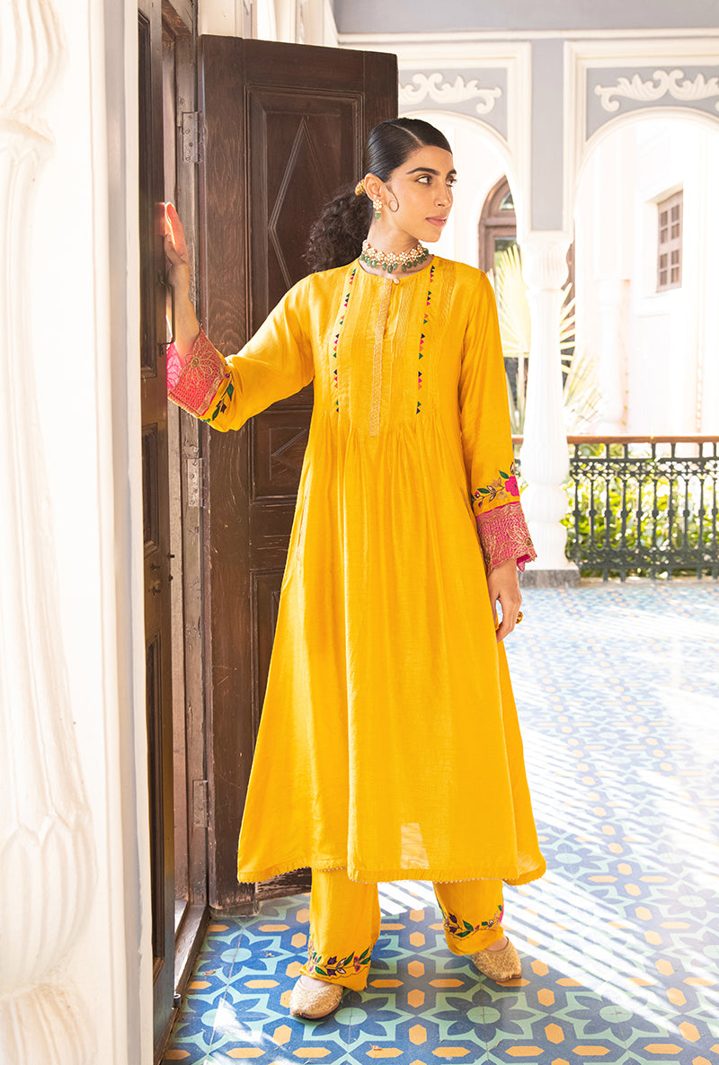 Mustard Applique Lotus Sleeves Sunehri Kurta Set