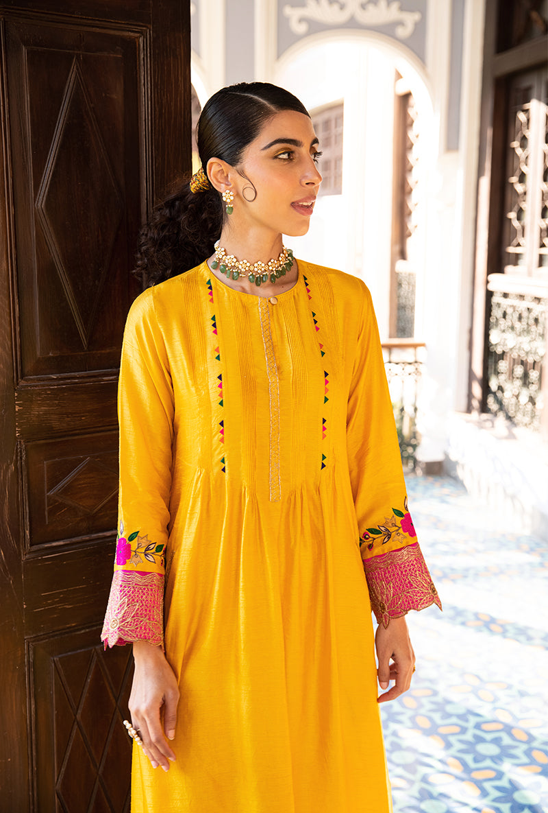 Mustard Applique Lotus Sleeves Sunehri Kurta Set