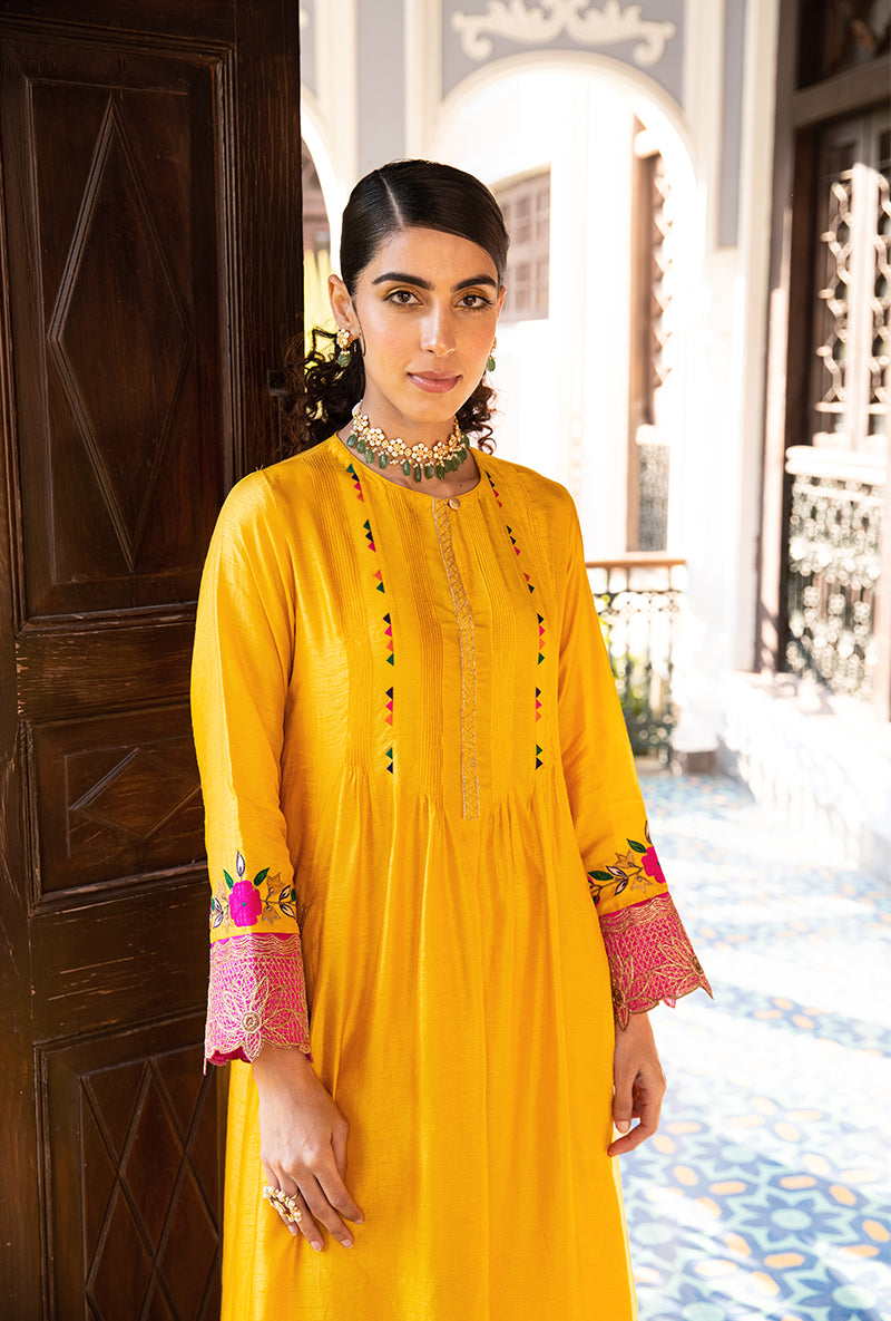 Mustard Applique Lotus Sleeves Sunehri Kurta Set