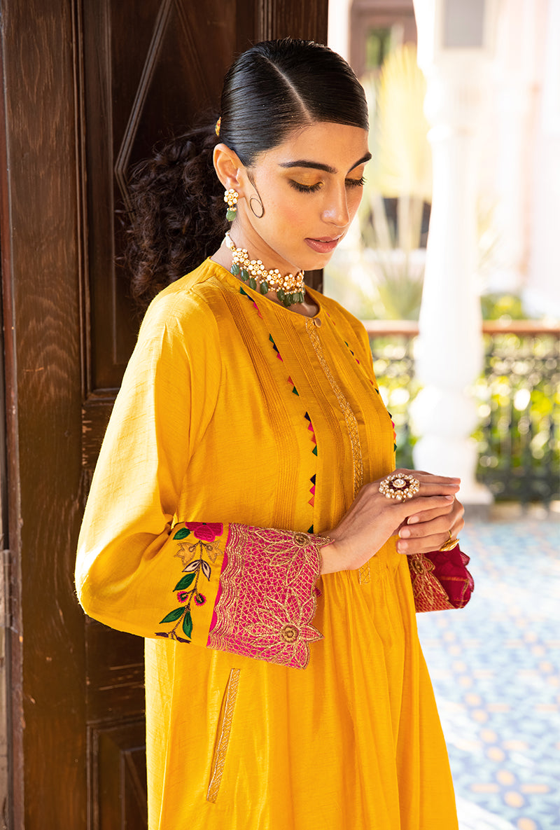 Mustard Applique Lotus Sleeves Sunehri Kurta Set