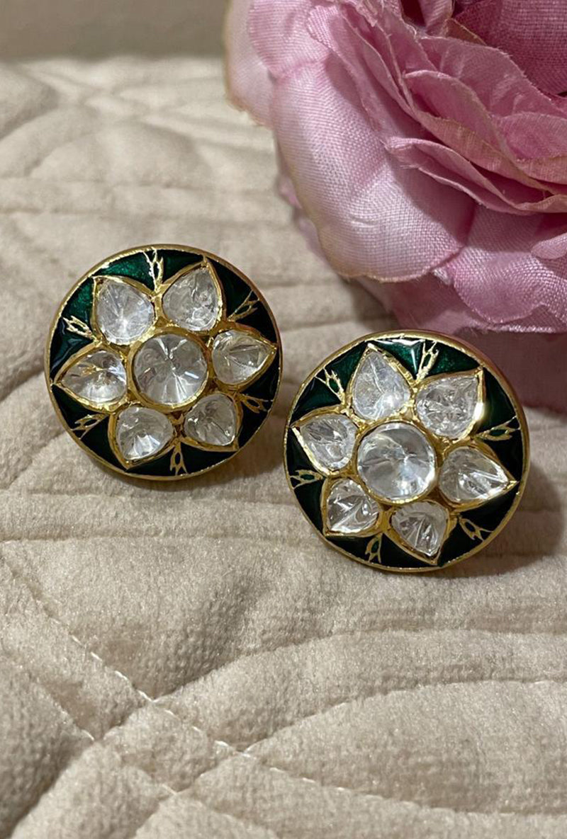 Polki & Enamel Round Ear Studs Green