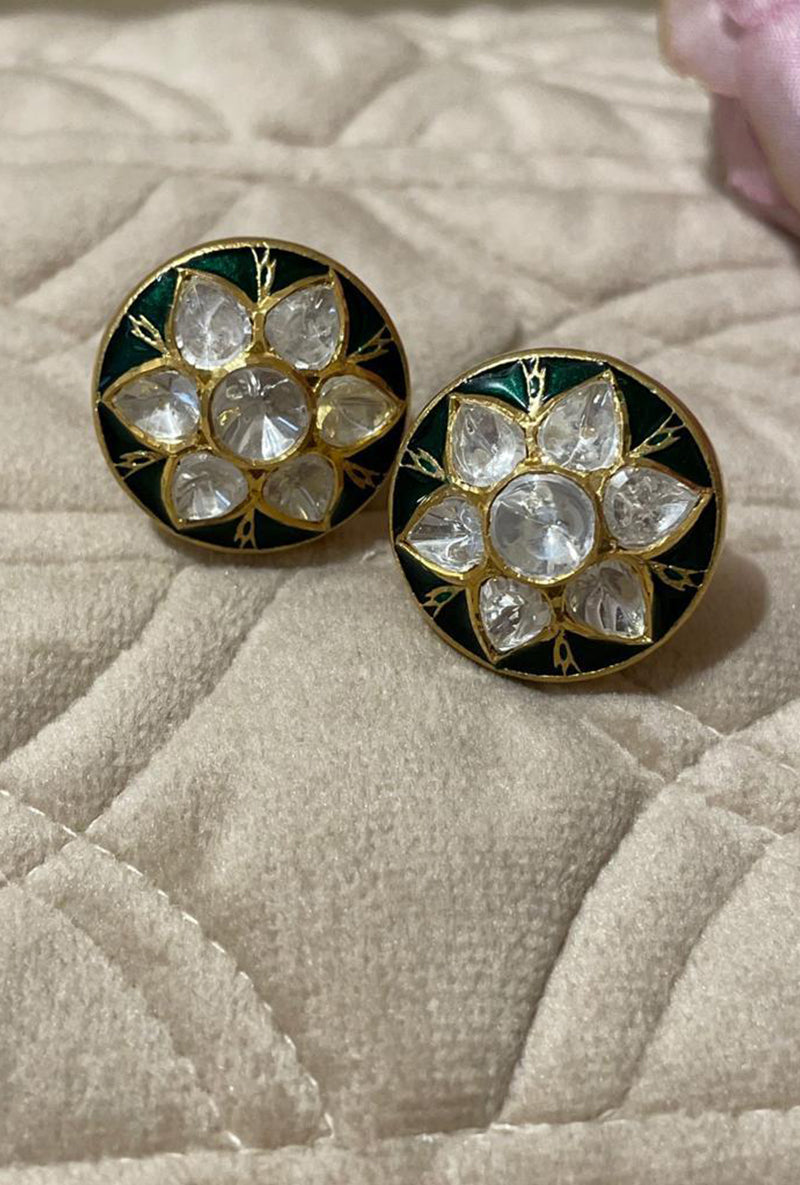 Polki & Enamel Round Ear Studs Green