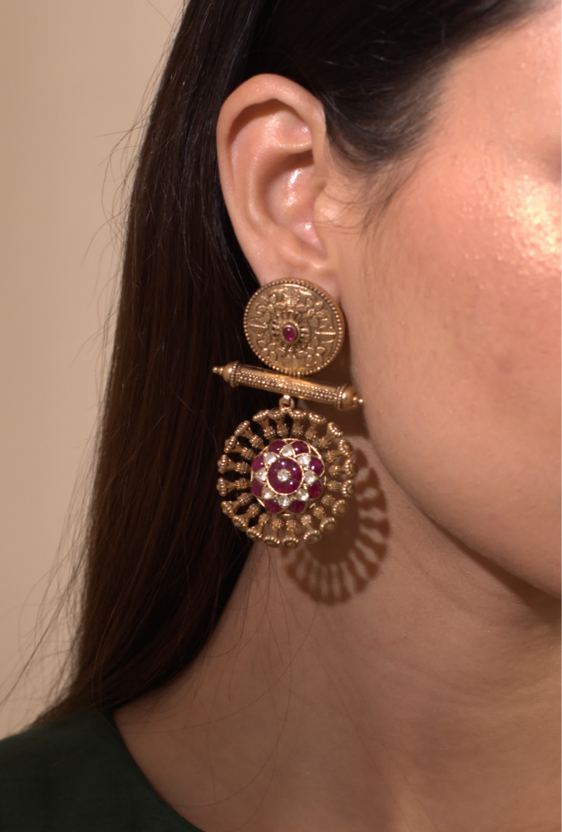 Gold Plated Silver Floral Texture Earrings With Polki & Red Stones