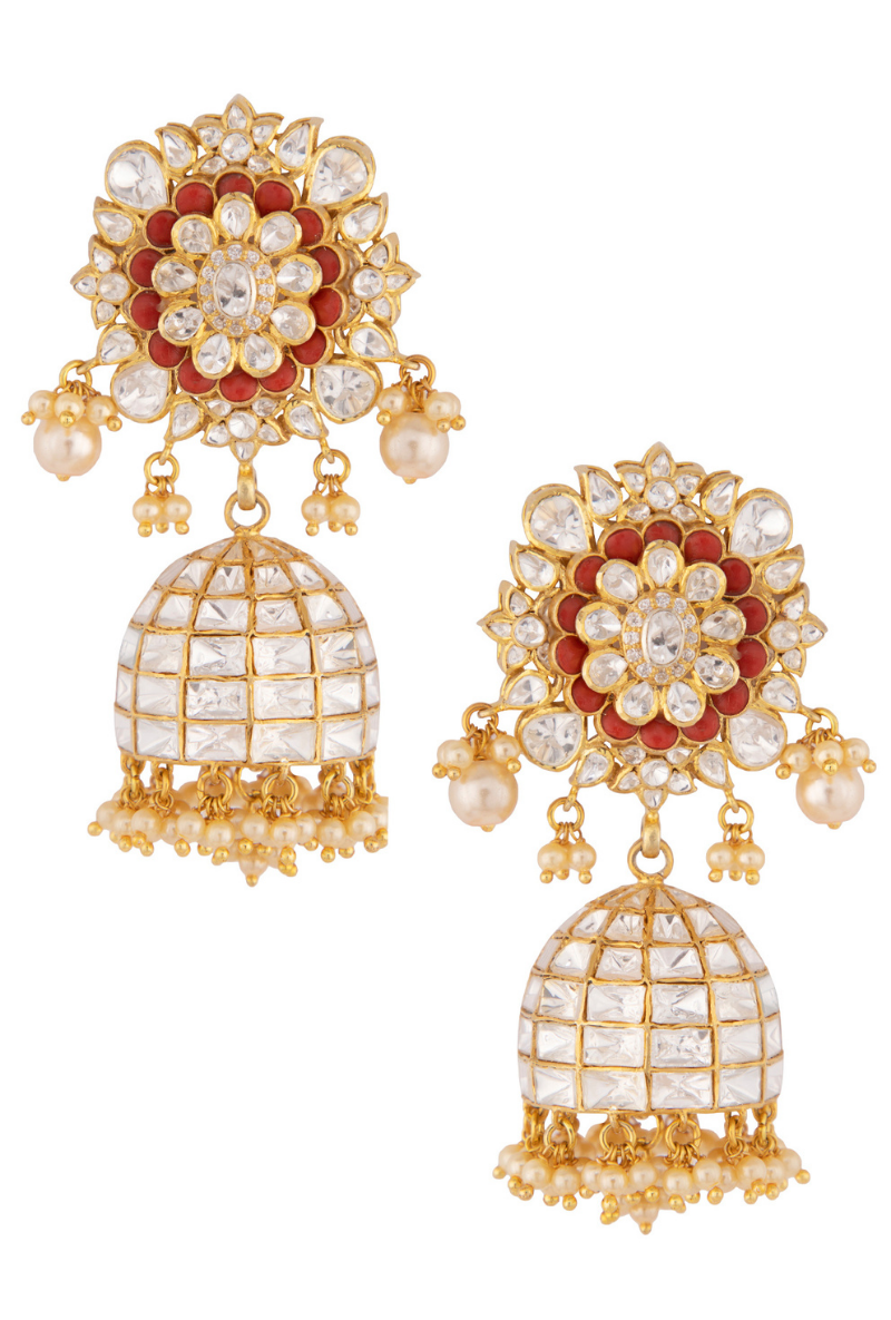 Gold Plated Silver Polki Jhumkis With Coral & Pearl Drops