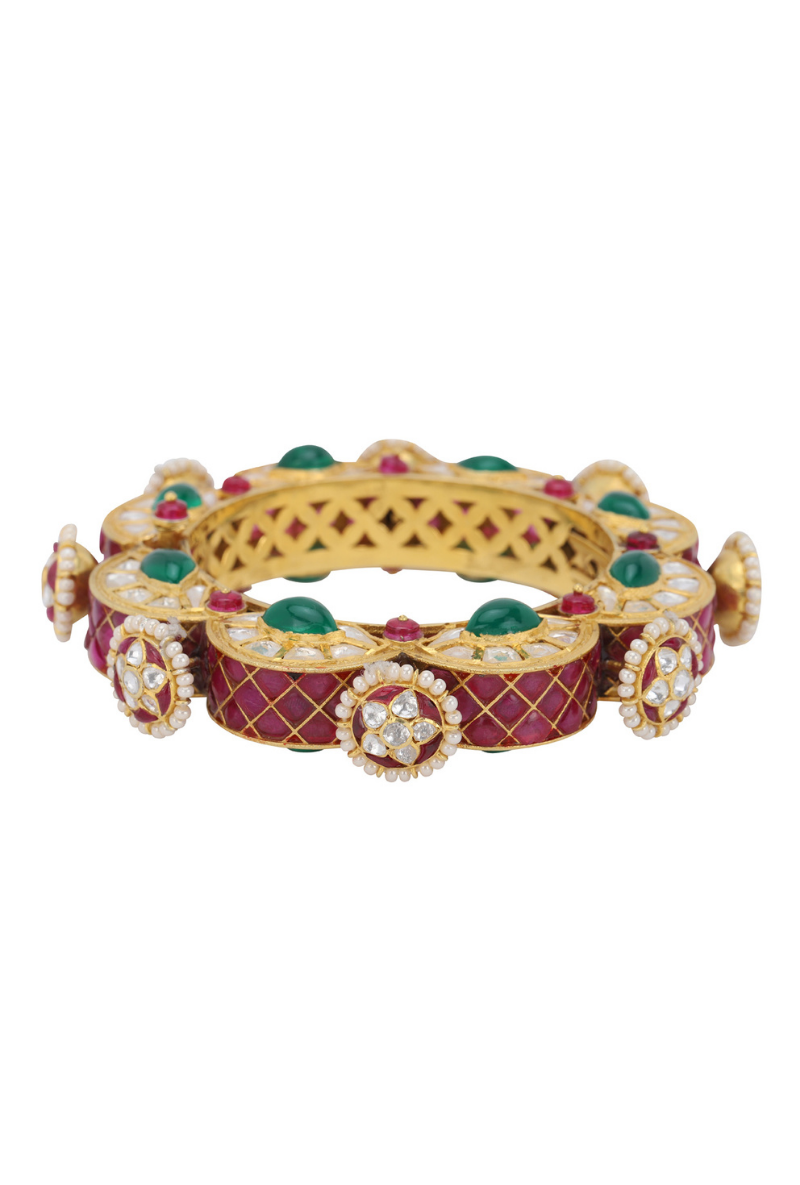Gold Plated Silver Polki Openable Kada With Green/Red Stones & Pearls