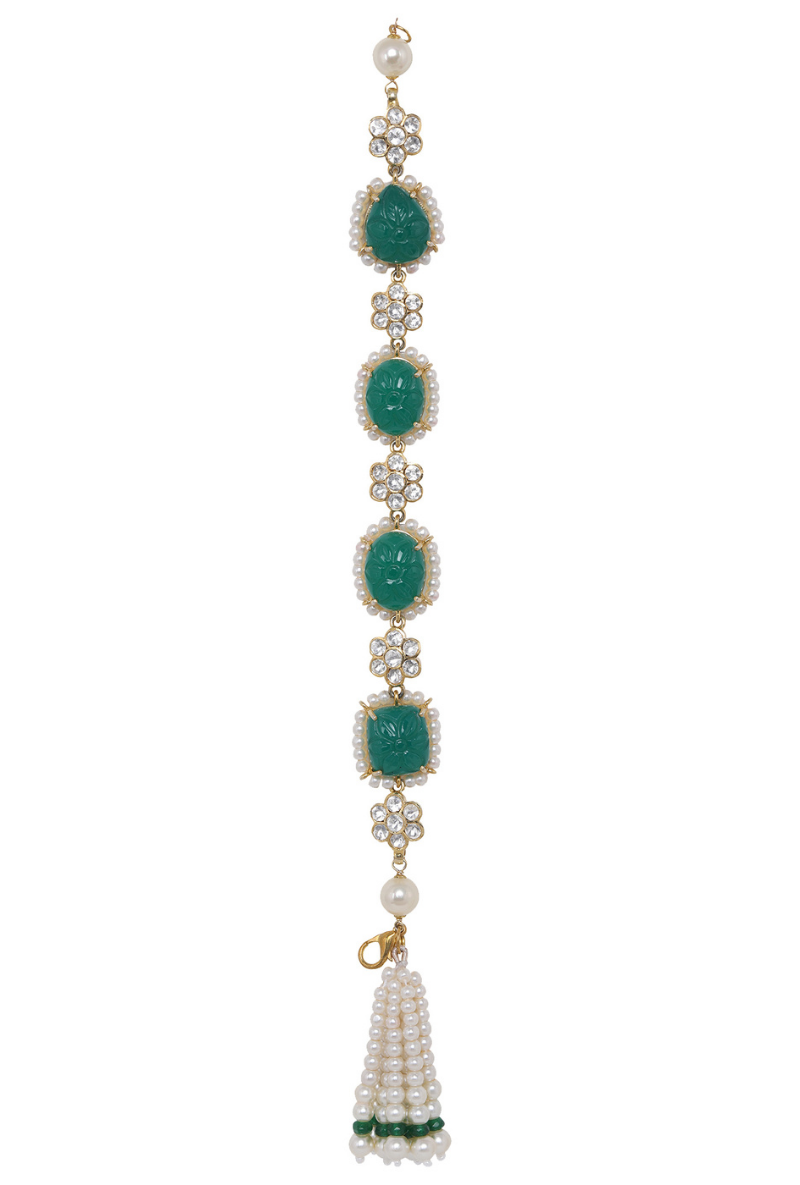 Gold Plated Silver Green Carved Stone & Polki Flower Motif Loose Bracelet