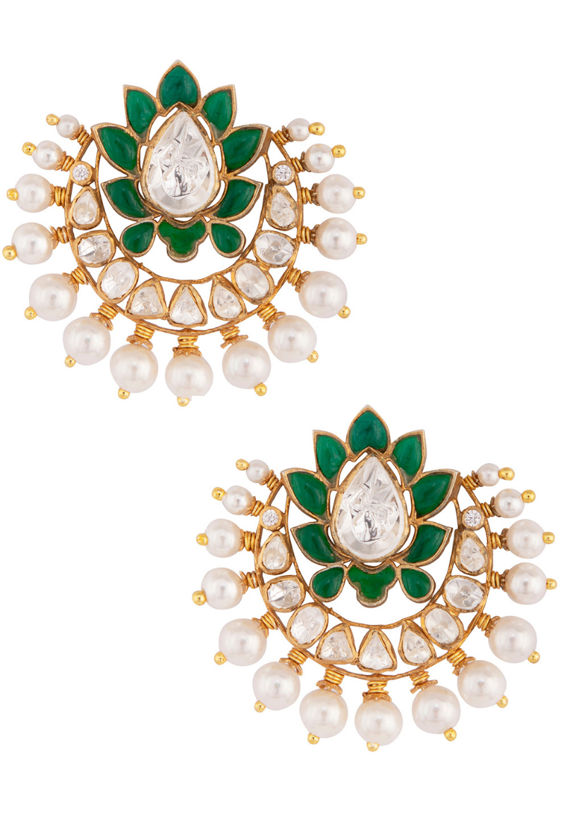 Polki & Green Stone Gold Plated Silver Ear Studs With Pearls