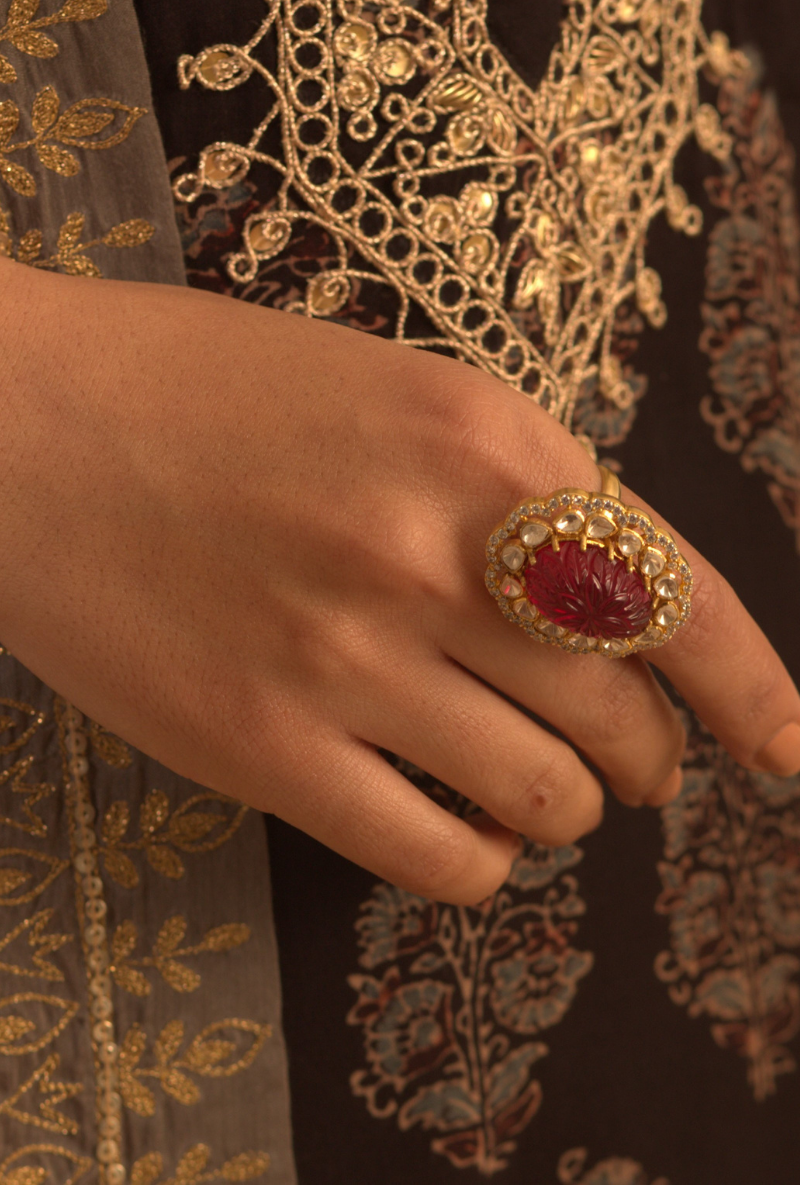 Gold Plated Silver Ring With Red Carved Oval Stone & Polki