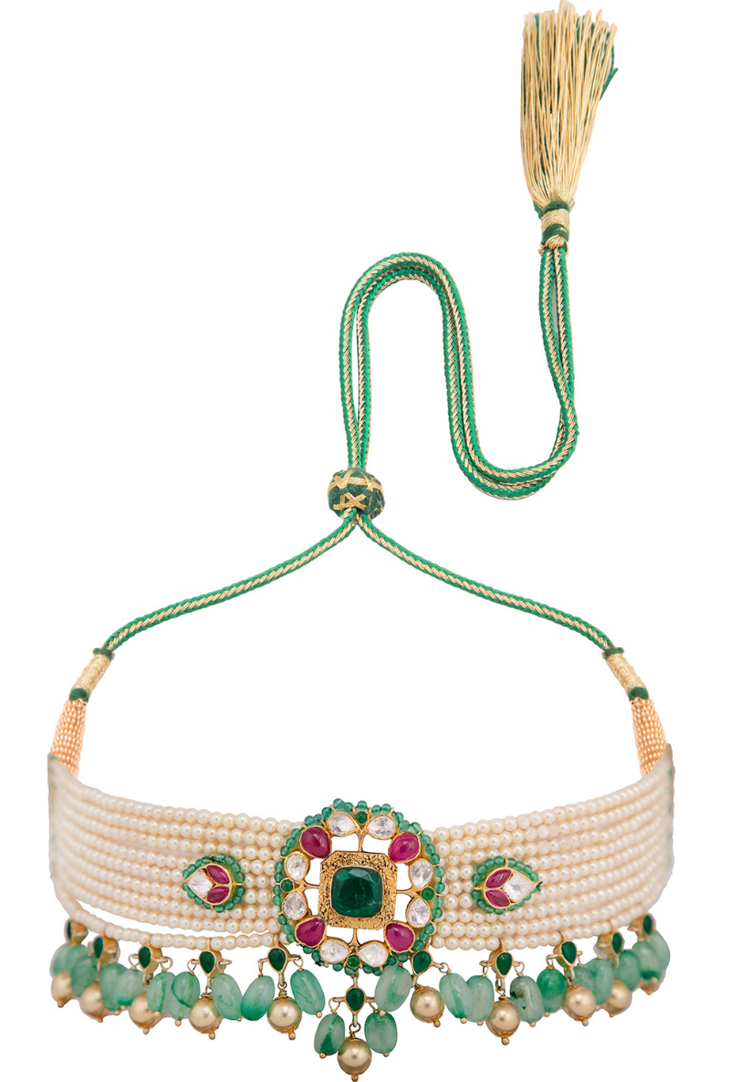 Gold Plated Silver Polki Choker Set Strung With Pearl Chains & Green Drops With Earrings
