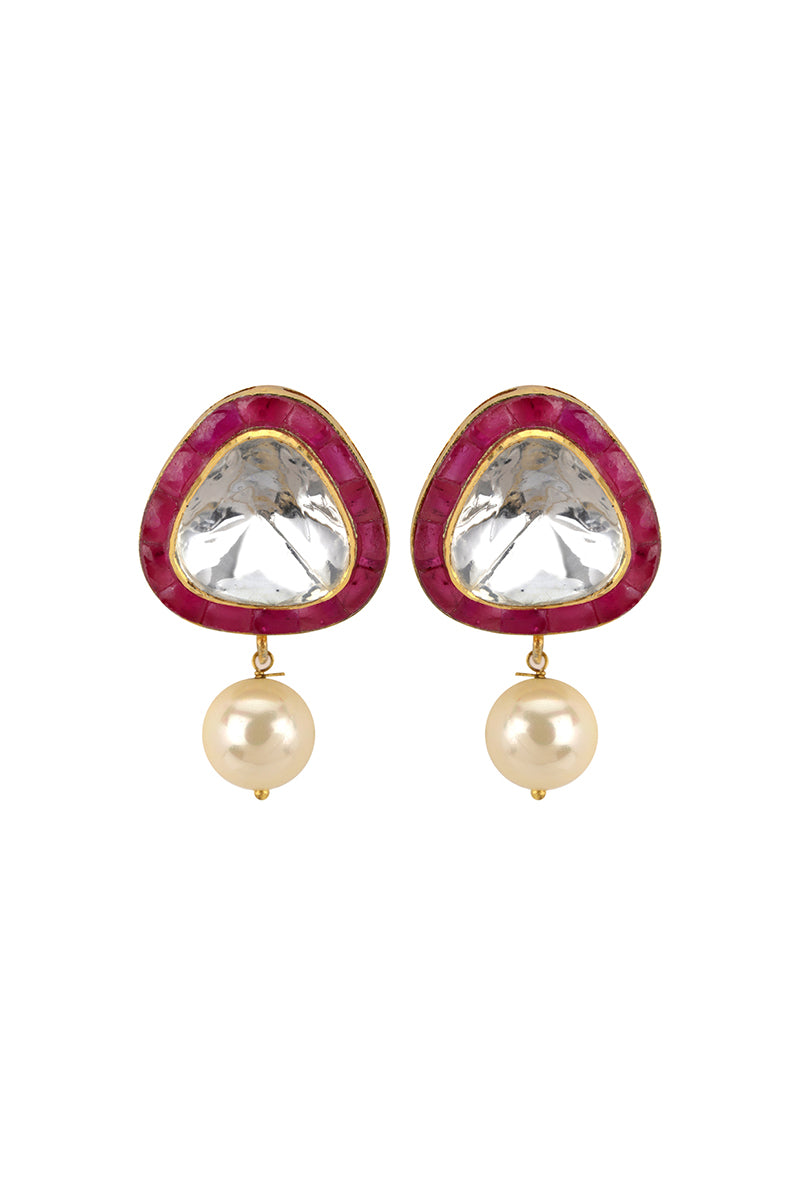 Gold Plated Silver Polki Triangular Earrings With Red Utarai Border & Pearl Drop