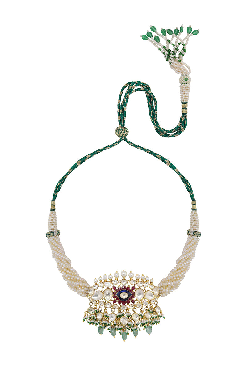 Gold Plated Silver Polki & Red Utrai Choker With Pearls & Green Bead Drops Strung With Pearl Bunch Mala