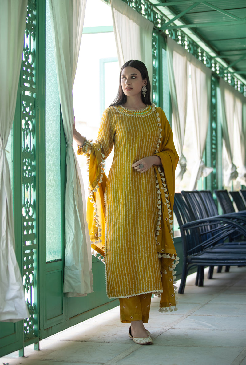 Mustard Yellow Striped Bandhani Nura Kurta Set