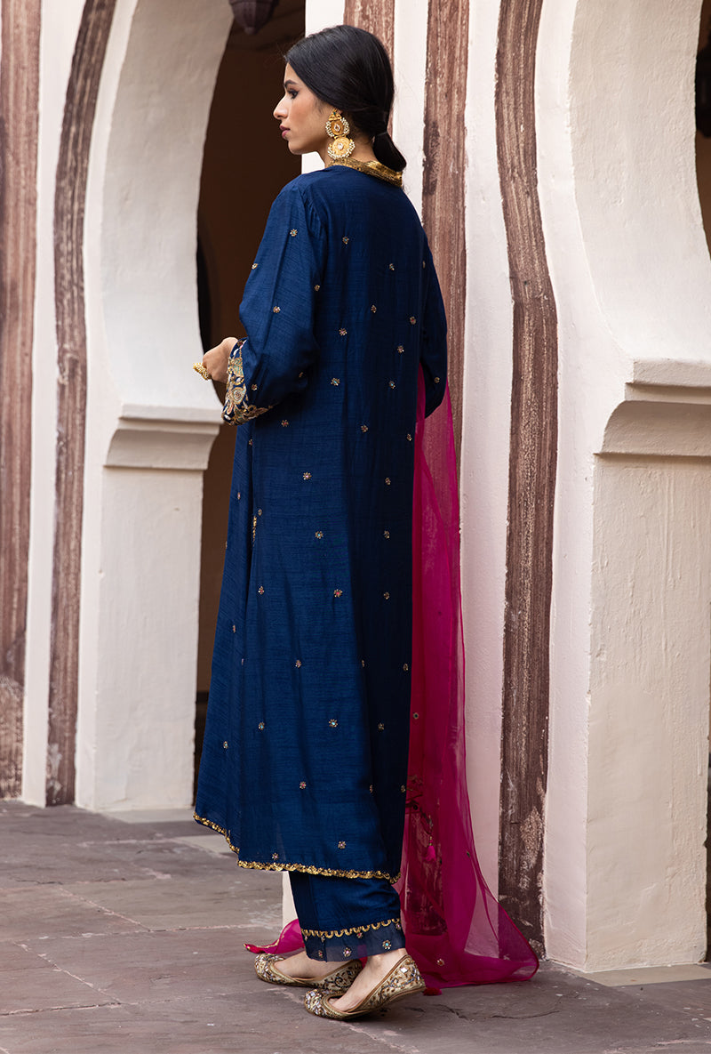 Navy Mughal Jaal Heavy Sleeve Ulfat Kurta Set