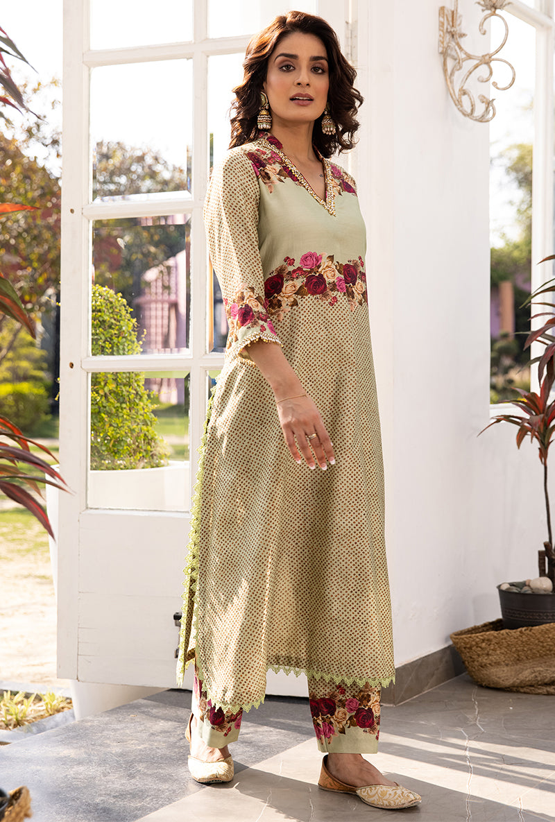 Green Vintage Rose Suhaani Kurta Set