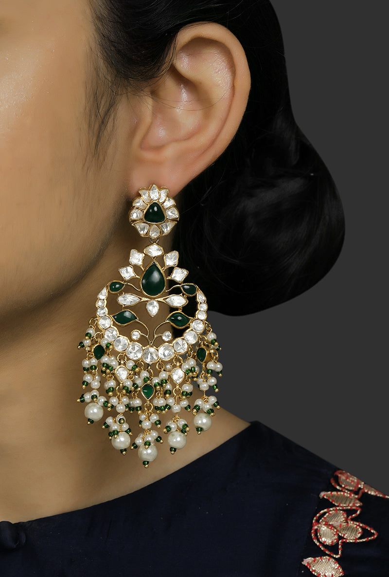 Gold Plated Silver Polki & Green Emerald Long Earrings With Pearl Drop Stringing