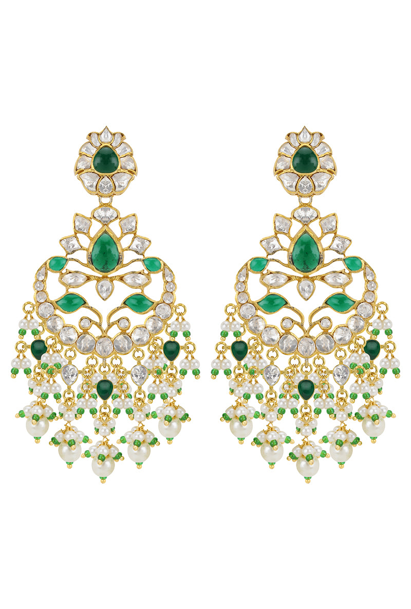 Gold Plated Silver Polki & Green Emerald Long Earrings With Pearl Drop Stringing