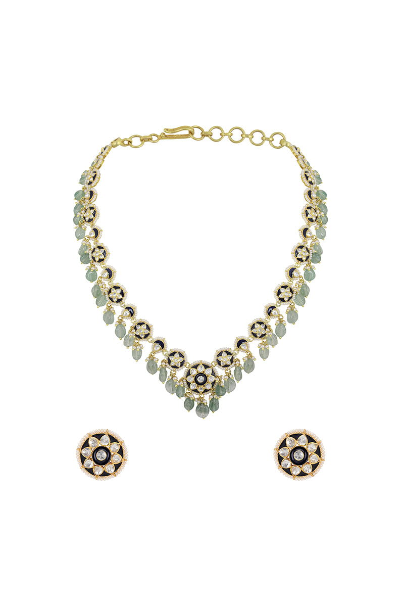 Gold Plated Silver Blue Enamel Floral Round Motif  Necklace With Green Drops And Ear Studs