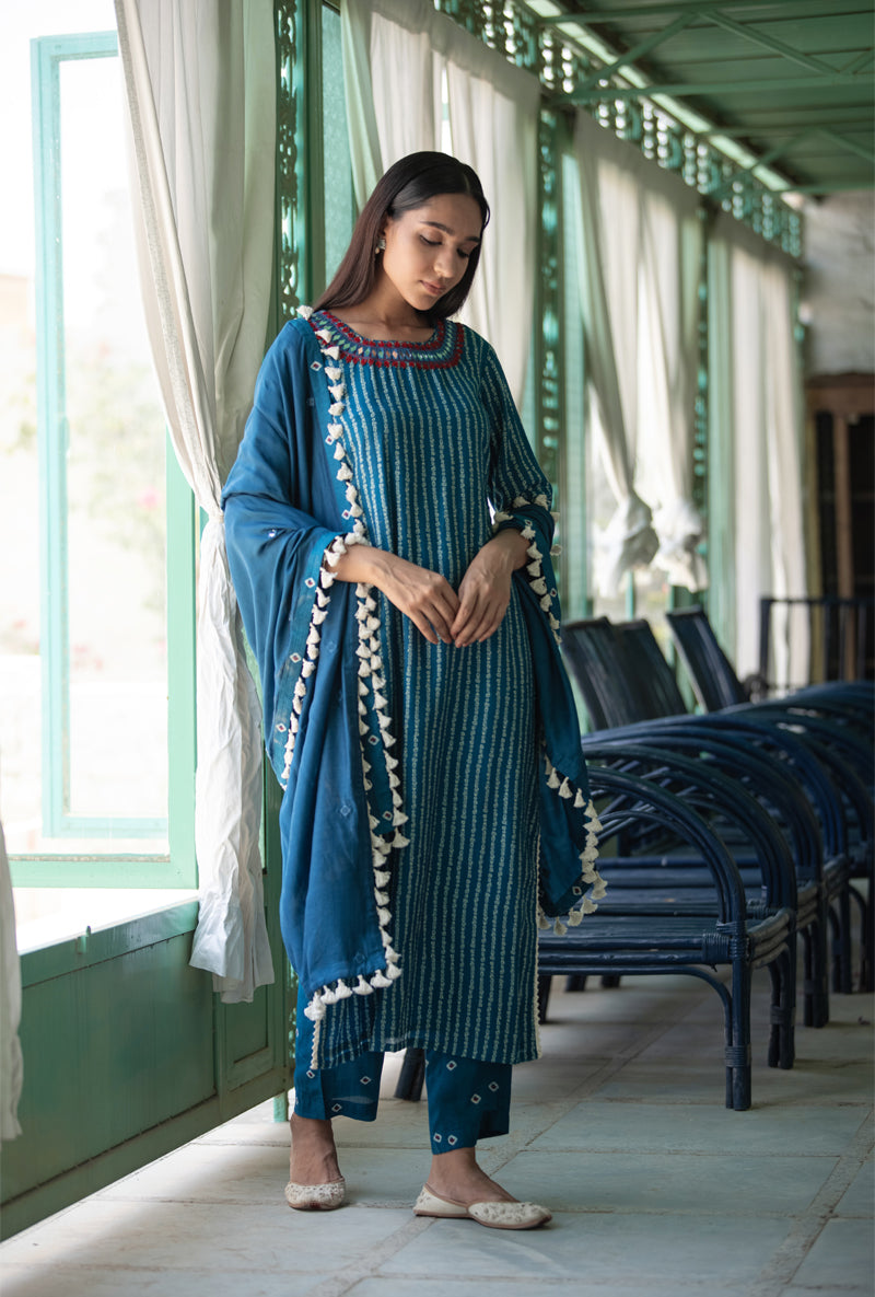 Navy Blue Striped Bandhani Nura Kurta Set