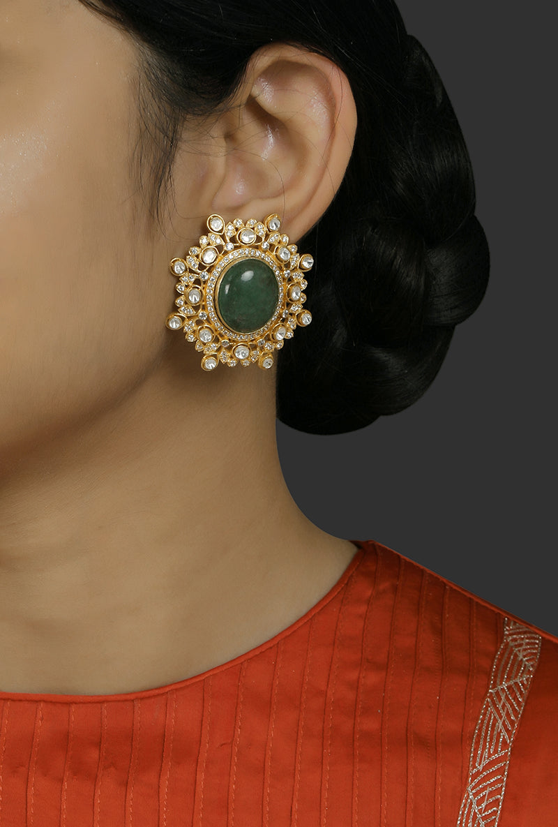 Gold Plated Silver Polki Studs With Green Oval Stone in Center