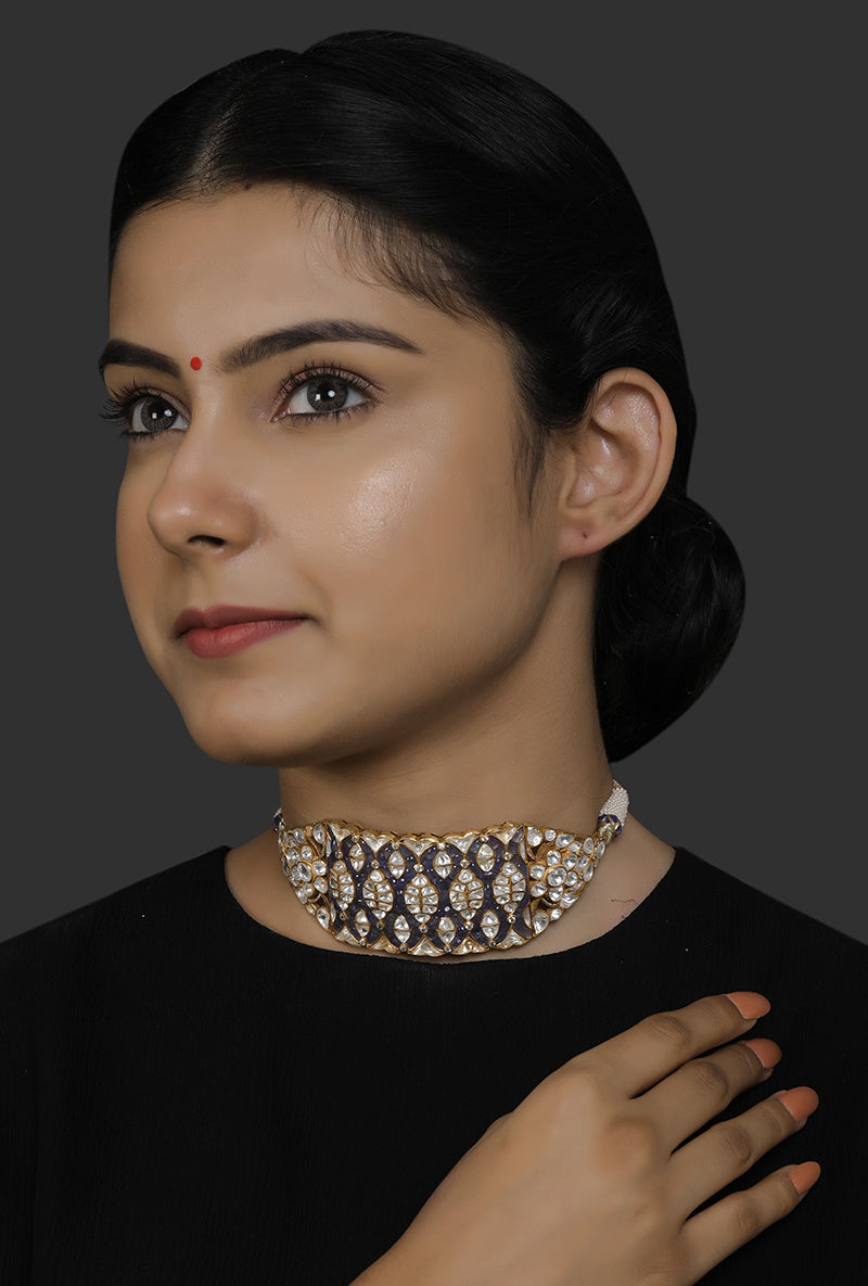 Polki And Blue Sapphire Gold Plated Silver Choker With Pearls