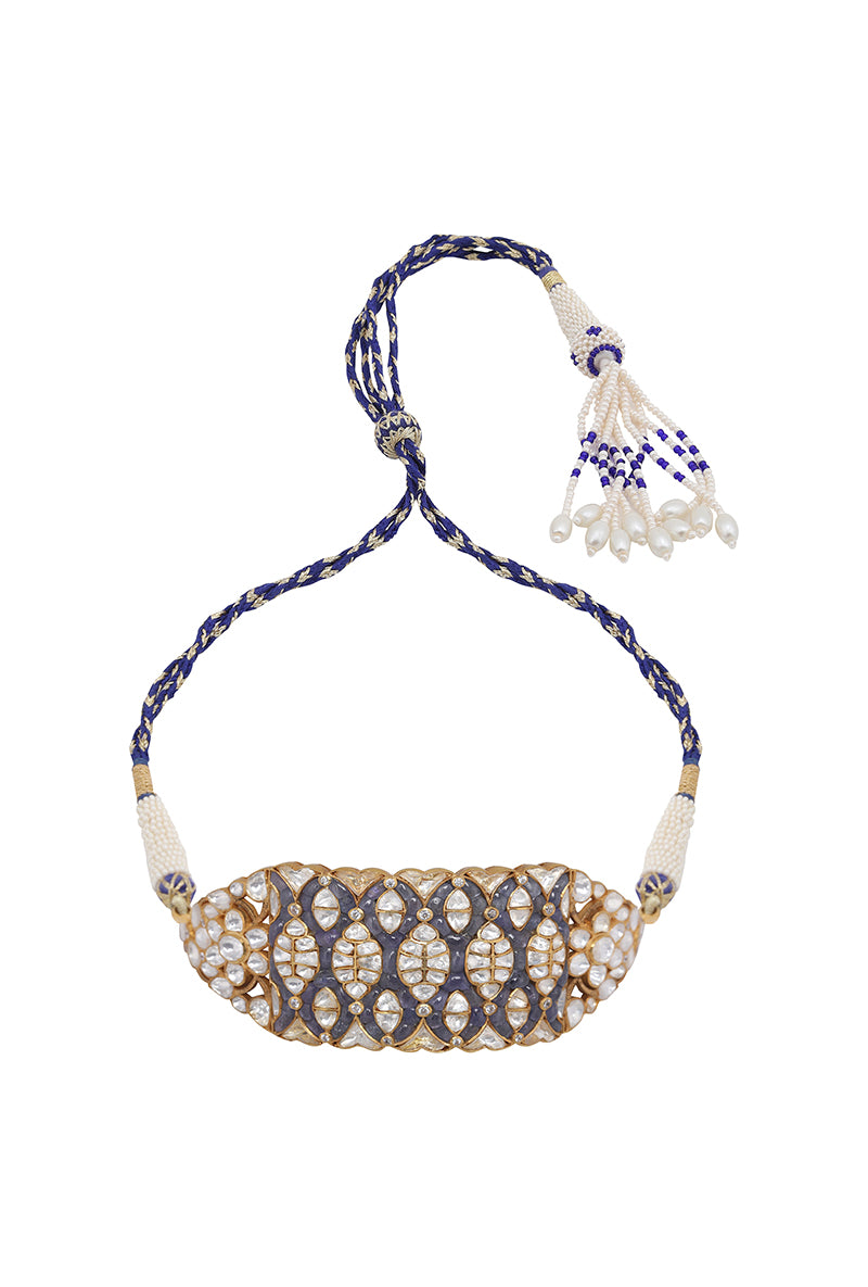 Polki And Blue Sapphire Gold Plated Silver Choker With Pearls