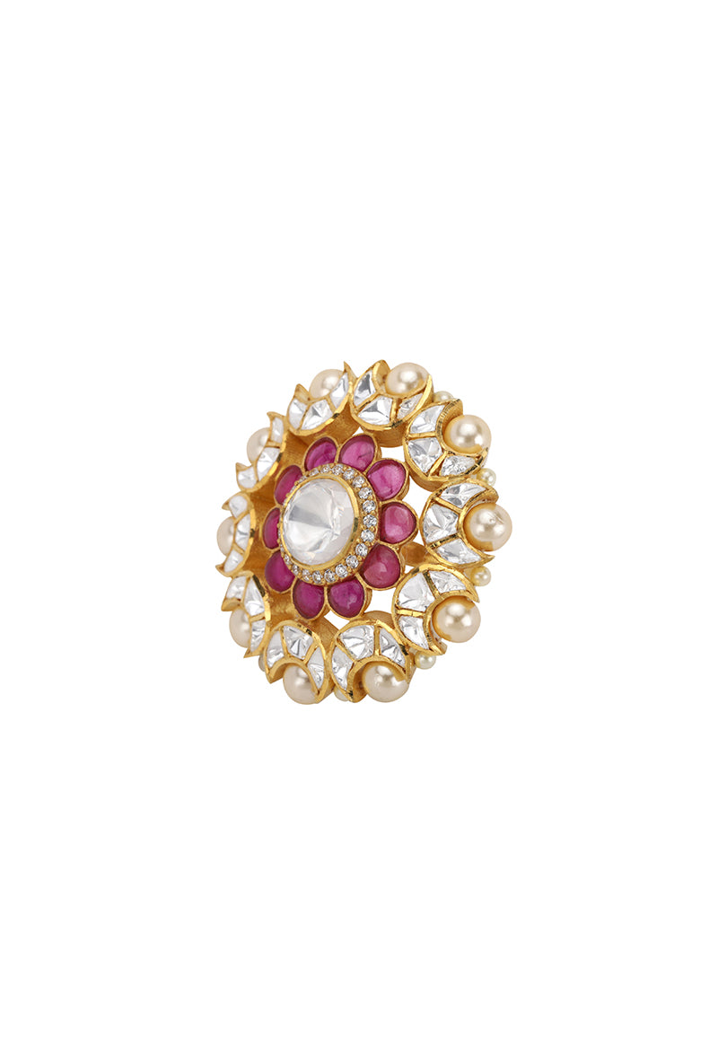 Gold Plated Silver Ring With Red Stones & Polki