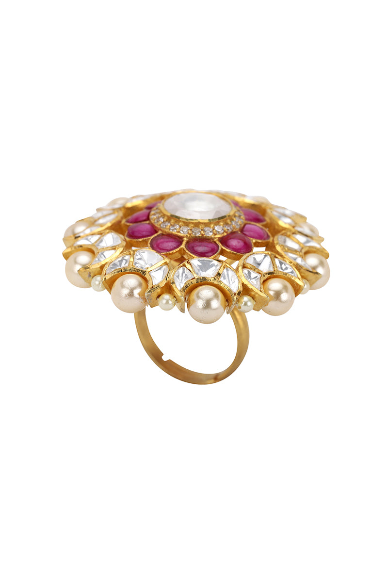 Gold Plated Silver Ring With Red Stones & Polki