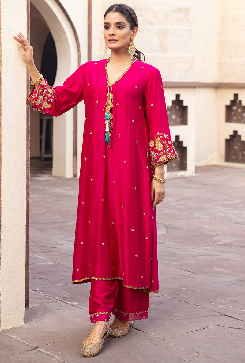 Rani Pink Mughal Jaal Heavy Sleeve Ulfat Kurta Set