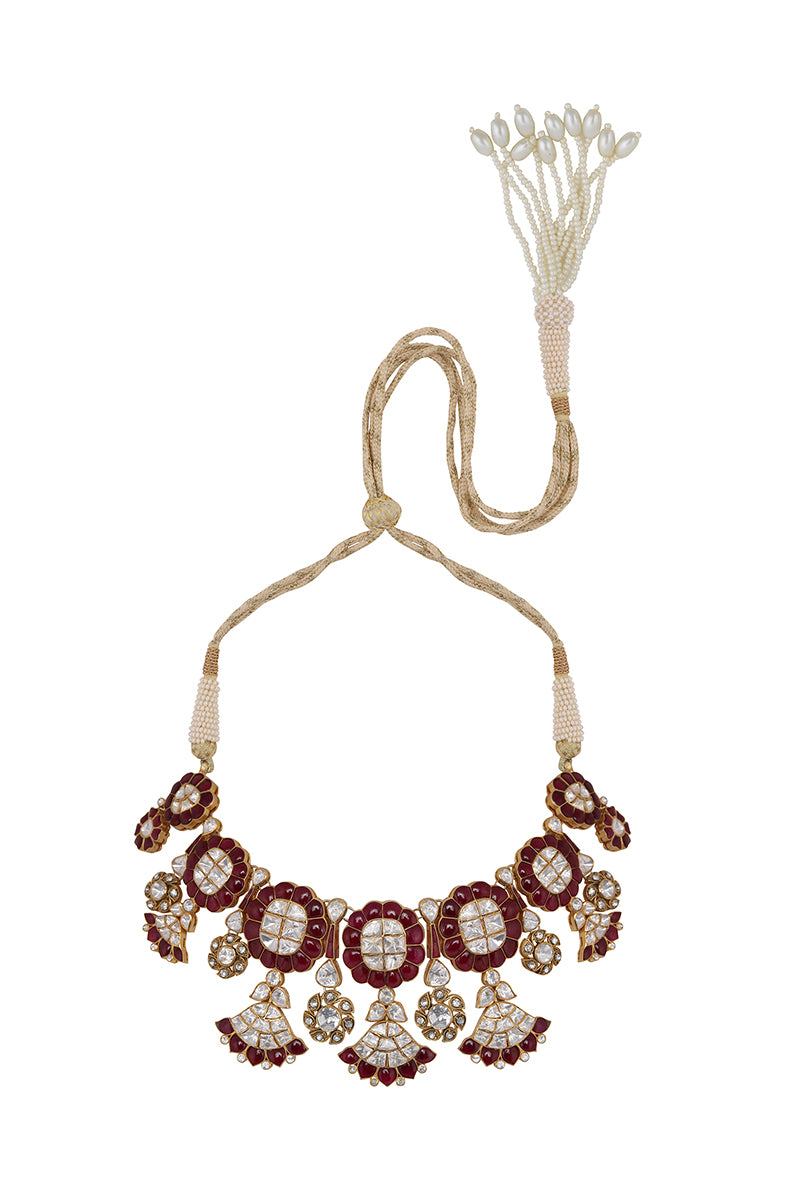 Gold Plated Silver Red Utrai & Polki Squarish Motif  Necklace