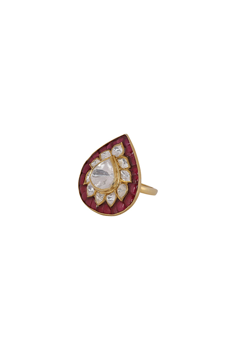 Gold Plated Silver Pear Shape Ring With Polki & Red Utarai
