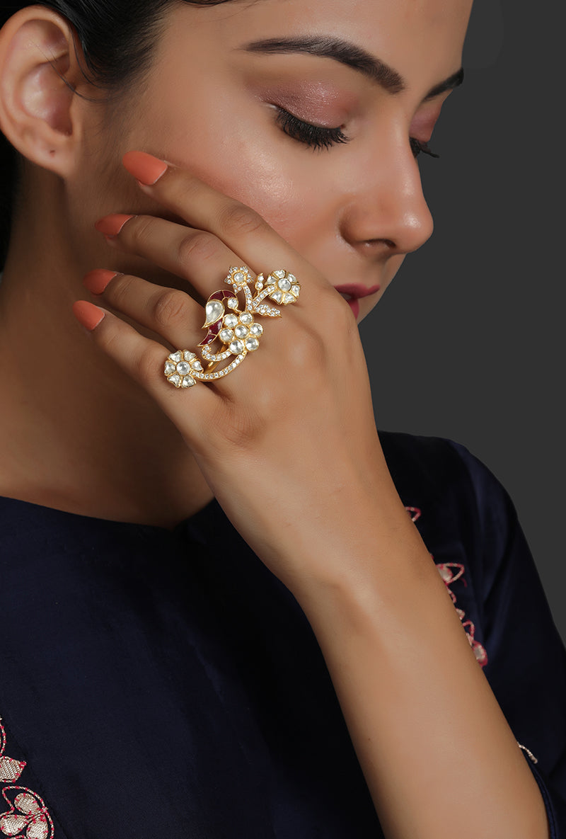 Gold Plated Silver Nature Inspired Bird & Floral Motif Polki & Red Utarai Ring