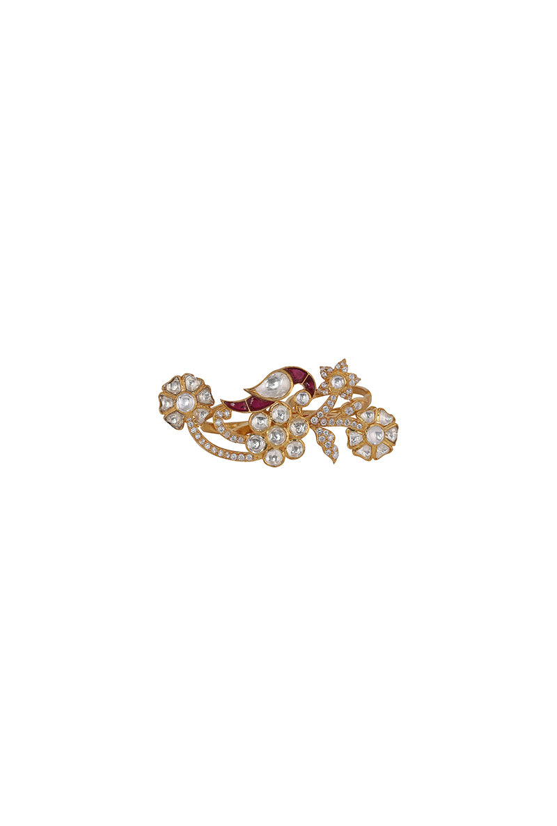 Gold Plated Silver Nature Inspired Bird & Floral Motif Polki & Red Utarai Ring