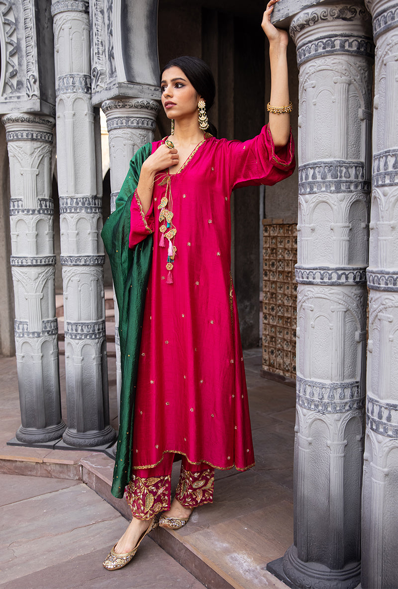 Rani Pink Mughal Jaal Heavy Palazzo Ulfat Kurta Set