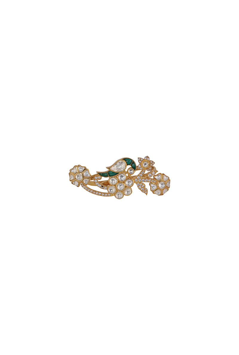 Gold Plated Silver Nature Inspired Bird & Floral Motif Polki & Green Utarai Ring