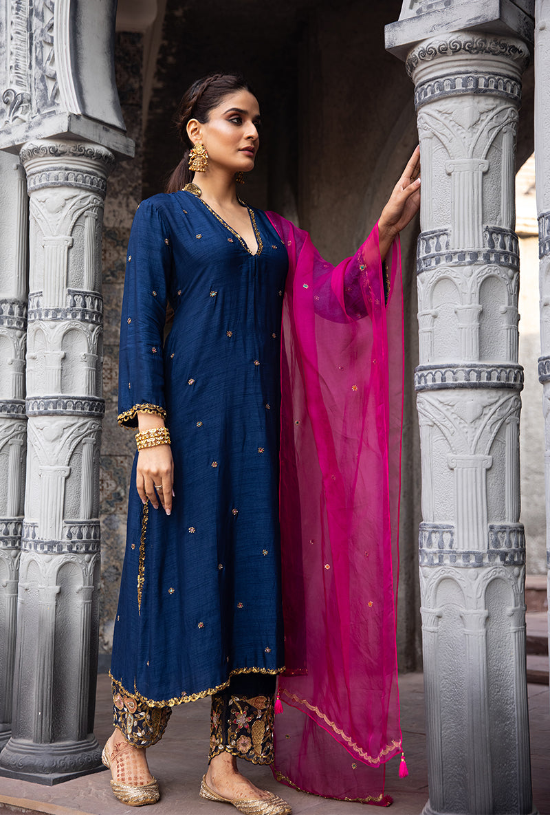 Navy Mughal Jaal Heavy Palazzo Ulfat Kurta Set