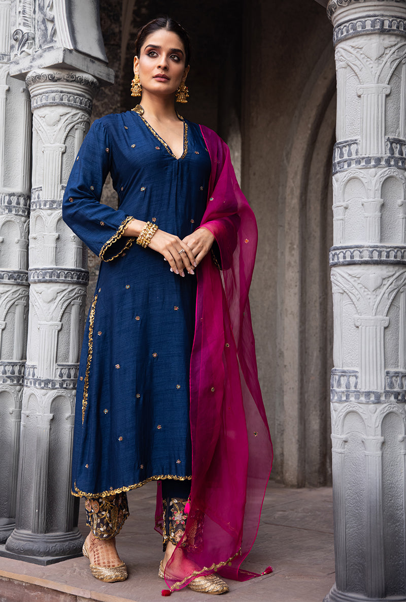 Navy Mughal Jaal Heavy Palazzo Ulfat Kurta Set