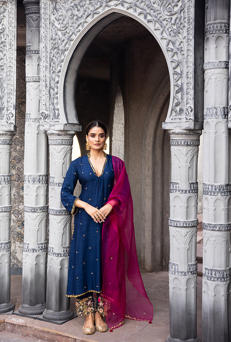 Navy Mughal Jaal Heavy Palazzo Ulfat Kurta Set