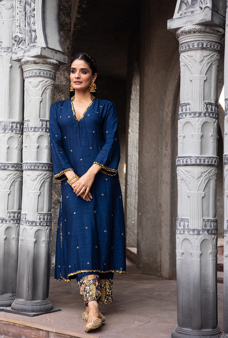 Navy Mughal Jaal Heavy Palazzo Ulfat Kurta Set