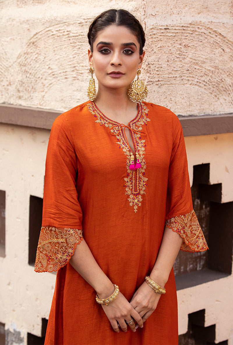 Orange Leaf Jaal Farshi Ulfat Kurta Set